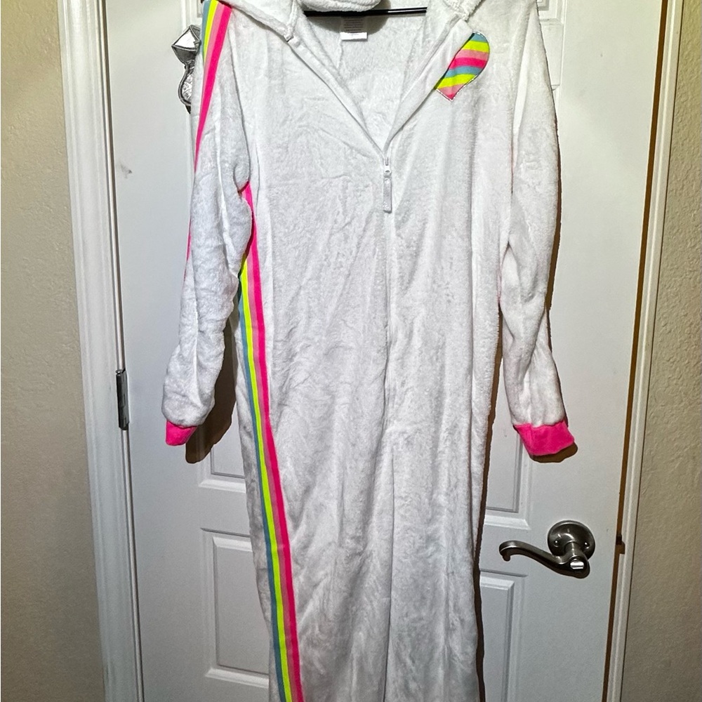 White Unicorn Hooded Onesie with Rainbow Stripes